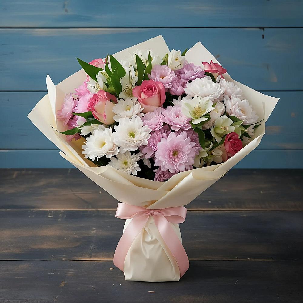 Букет цветов из: Хризантемы, Альстромерии и Розы в Токсово